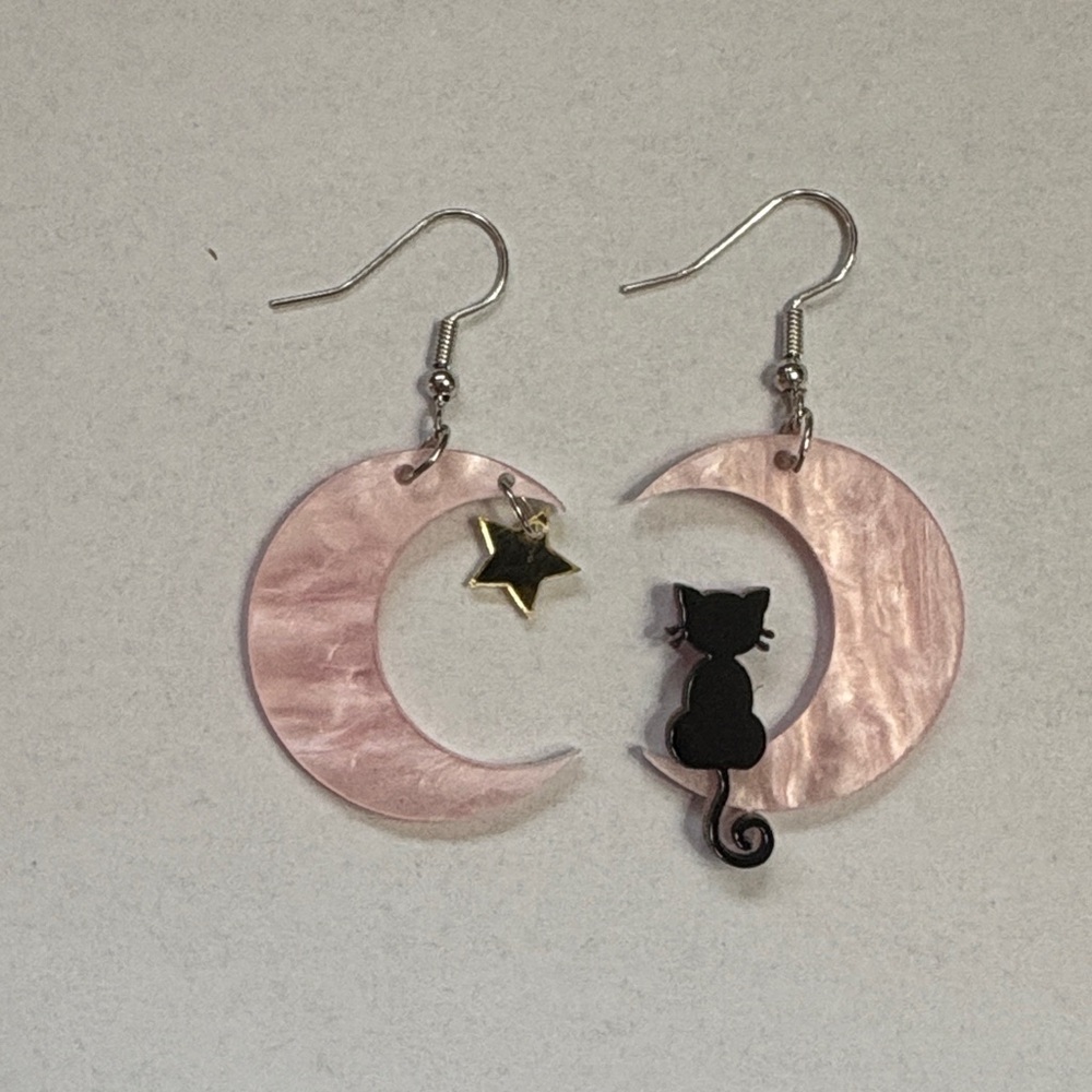Pink Crescent Moon Cat Earrings